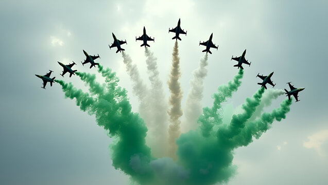 Fighter jets perform an aerial display, leaving bold green and white smoke trails in the sky, symbolizing the Pakistan flag. The jets fly in a tight formation against a soft sky backdrop.