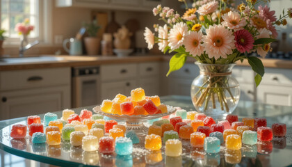Close up of sugary jelly candies with floral decor.