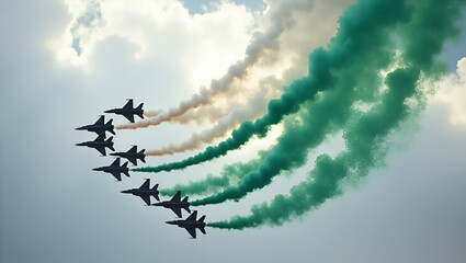 Fighter jets perform an aerial display, leaving bold green and white smoke trails in the sky, symbolizing the Pakistan flag. The jets fly in a tight formation against a soft sky backdrop.