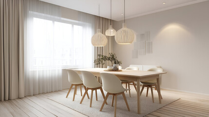 A modern dining room with a neutral-colored table, minimalistic chairs, and soft pendant lighting. The light wood flooring and subtle wall decor complement the rooms simplicity.