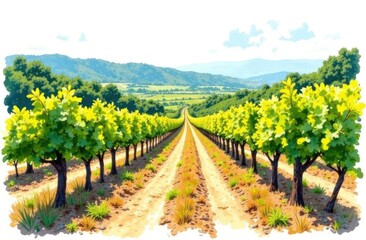 Vineyards Hand-painted watercolor landscape with vineyards, mountains and a house, isolated on a white background
