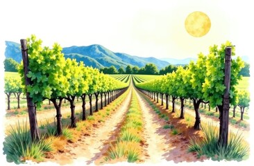 Naklejka premium Italian fairy tale. Watercolor postcard with vineyard.