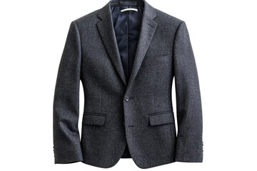 Stylish dark grey tweed blazer perfect for fall hangs on a white background Clean lines subtle