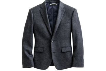 Stylish dark grey tweed blazer perfect for fall hangs on a white background Clean lines subtle