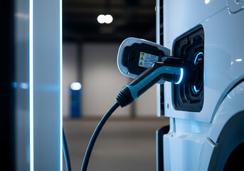 An electric car being charged, the blue-lit charging cable connected to the car.