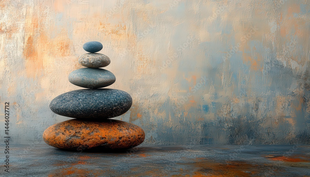 Aufkleber Balanced arrangement of smooth stones on a textured surface representing tranquility and mindfulness in a serene interior space