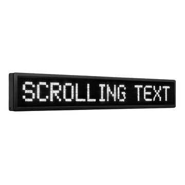 Detailed view of an illuminated digital message board showing scrolling text formed by glowing pixels.