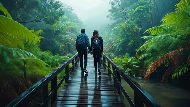 Couple walking on wooden bridge through rainforest in rainy day