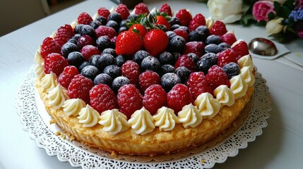 Delicious round tart decorated with fresh berries and cream.