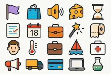 Colorful Pixel Art Icon Set: Business, Communication, and More
