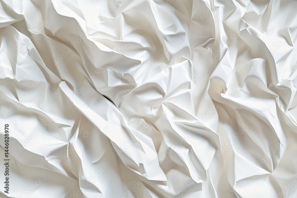 Poster close-up of off-white fabric texture, showing soft folds and creases, suggesting smoothness and eleg