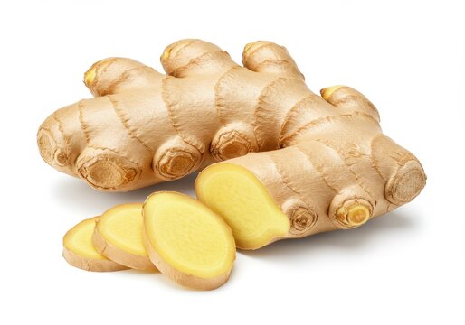 Fresh ginger root with slices isolated on white background for cooking or medicine