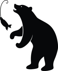 silhouette of a bear catching a fish on white 