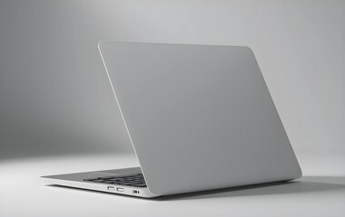 Side view of Silver laptop half closed, side and back view of a sliver laptop for work