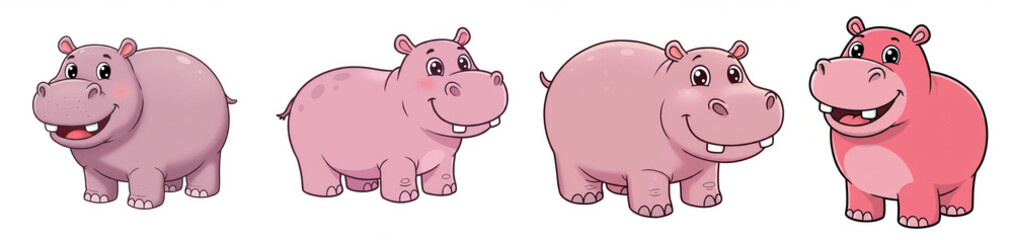 Obraz premium Happy Hippo Family Fun - Four adorable cartoon hippos, symbolizing friendship, joy, childhood, nature, and family. Perfect for kids' books and playful designs
