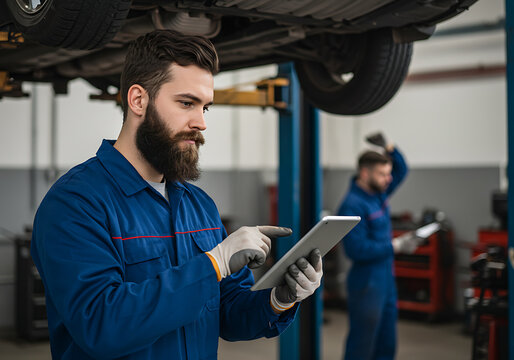 A mechanic examines a tablet while working on a car in a modern auto repair shop with a colleague.