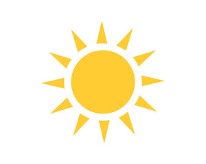 Bright yellow sun icon on a white background. Represents warmth, energy, positivity, and summer. Ideal for weather apps, designs,  illustrations.