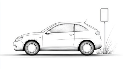 Illustrative Line Art of a Car in Motion Approaching a Street Sign