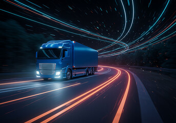 A blue futuristic semi-truck is speeding along a road, creating neon light trails at night.