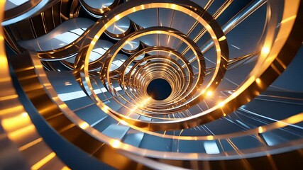 Futuristic golden spiral tunnel structure with reflective metallic rings and glowing highlights in an abstract geometric 3D environment

 - Powered by Adobe