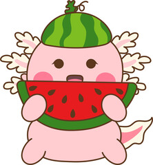 A cute pink axolotl wearing a watermelon hat and holding a slice of watermelon