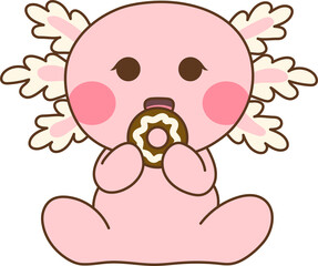 Cute pink axolotl sitting and eating a donut
