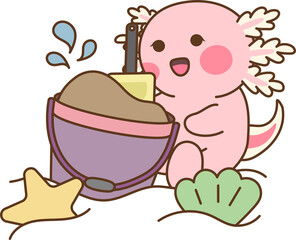 Pink axolotl playing in the sand at the beach