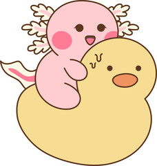 Pink axolotl riding a duck tube