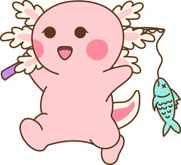 A cute pink axolotl happily walking away with a fish caught with a fishing rod