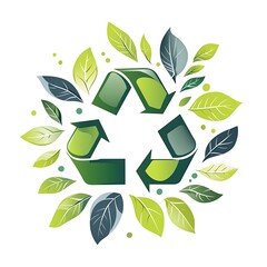 Eco-Friendly Circular Design: A vibrant, digitally crafted depiction of the universal recycling symbol adorned with lush, organic leaves.