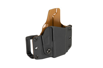 Close-up side view of Kydex handgun holster in black and brown tones
