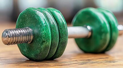 Close up of a green dumbbell on a wooden surface. The dumbbell has a metallic bar and green weights with a speckled texture. Shallow depth of field