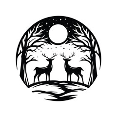 Fototapeta premium Black Silhouette of Two Deer Standing in Forest with Full Moon and Stars