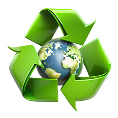 Global Recycling Symbol Earth and Green Arrows isolated on transparent background