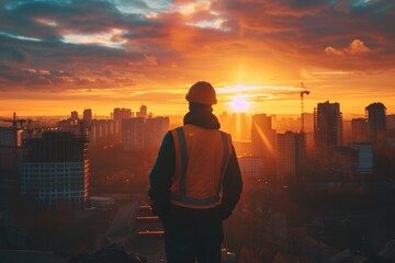 Fototapeta premium Construction Worker at Sunset Over Cityscape