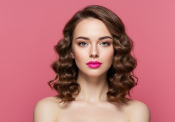Fototapeta premium Portrait of a beautiful woman with pink lipstick and curly brown hair on pink background