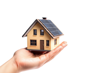 Hand holding a model house with solar panels.