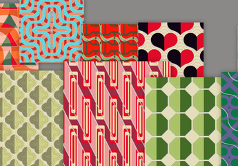 Seamless Pattern Set with Geometric Shapes and 3D Shadow Effect Muted Colors