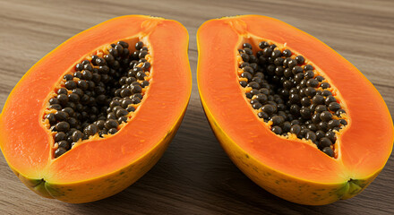 Vibrant halves of a papaya, showcasing the orange flesh and dark seeds, on a wooden table.