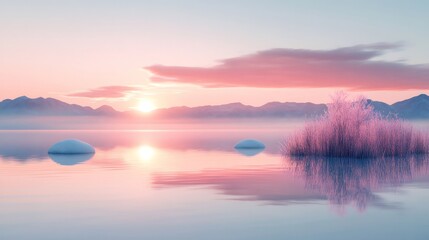 Fototapeta premium Pink sunrise reflecting on a frozen lake with snowy mountains in the background
