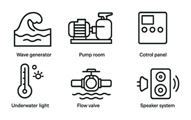 Industrial equipment outline icons – linear style automation, manufacturing, and engineering symbols: wave generator, pump room, control panel, thermometer, valve, speaker.
