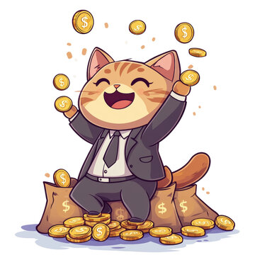 Happy cat in suit celebrating wealth.