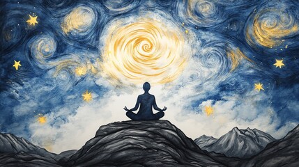 A reflective watercolor portrait of a person meditating on rocky outcrop under cosmic swirl backdrop and delicate ink star accents representing mindful presence and cosmic awe