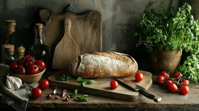Rustic Bread Still Life with Fresh Herbs and Vegetables