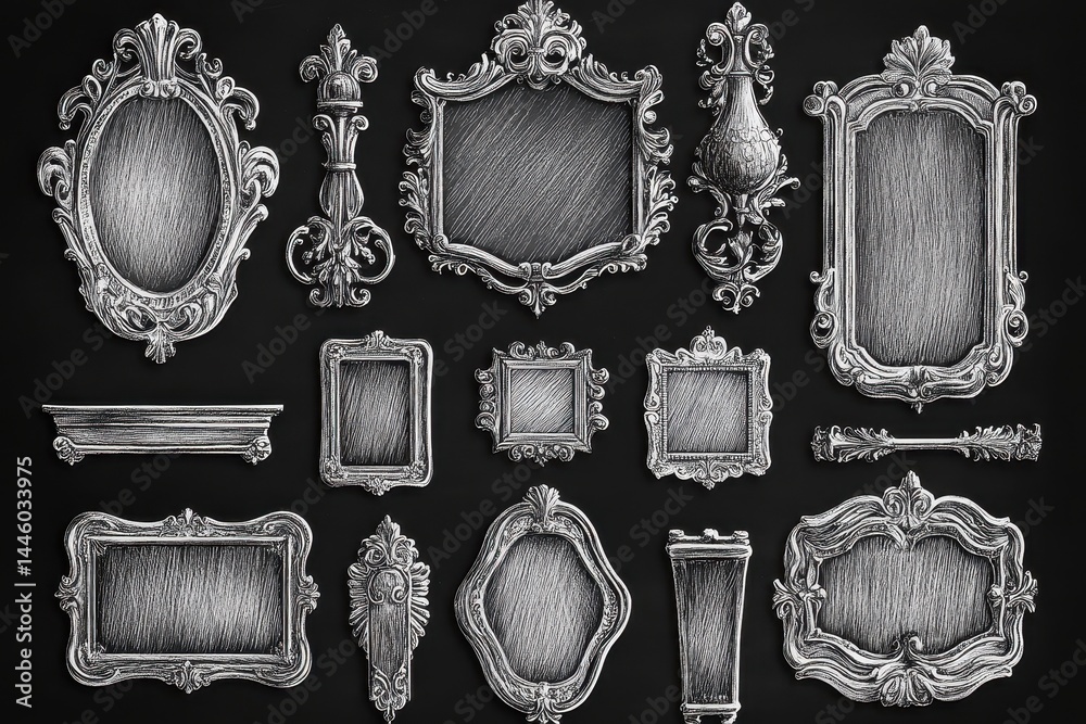 Aufkleber decorative frames in various intricate designs displayed against a black background highlighting the