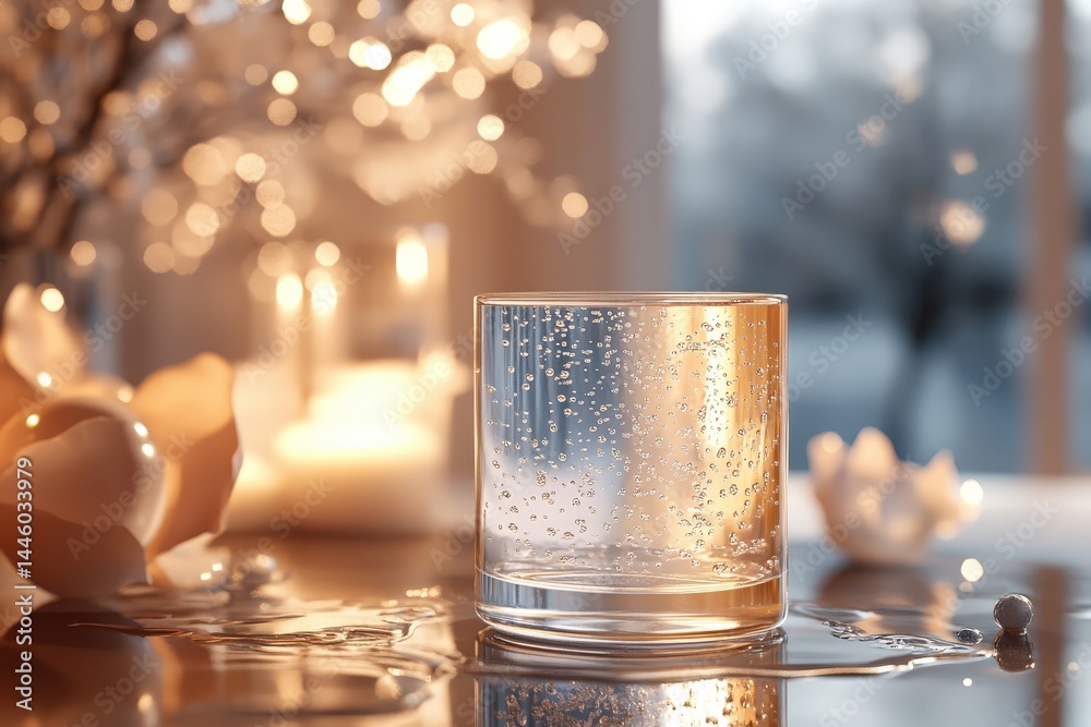 Poster clear glass filled with water and bubbles, reflecting soft light in a cozy indoor setting with natur