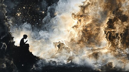 A surreal watercolor and ink depiction of a figure lifting ink veil to reveal starlit cosmos underneath illustrating discovery hope and mental breakthrough