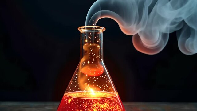 A glowing red magical potion bubbling inside a lab flask emitting smoke, in a realistic style, on a dark background atop a wooden surface