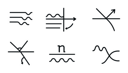 Mathematical graph symbols icon set – outline style algebra, calculus, and equations: limit graph, asymptote, intersection, function curve, tangent line, inflection point