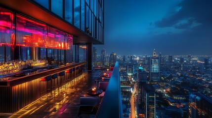 Fototapeta premium Stylish rooftop bar with vibrant lighting overlooking a city skyline at night.